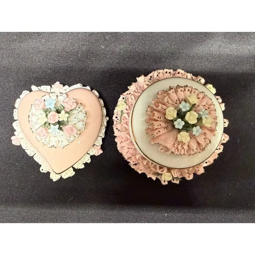 Set of 2 capodimonte porcelain trinket/jewelry boxes pink flowers heart Italy